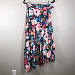 Eliza J Floral Tiered Taffeta Asymmetrical High Low Tie Waist Midi Skirt